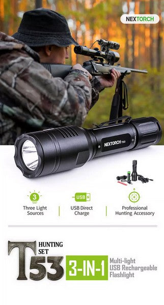 T53 SET - Lampe tactique lumière blanc, verte et rouge Kit chasse - 760 Lumens