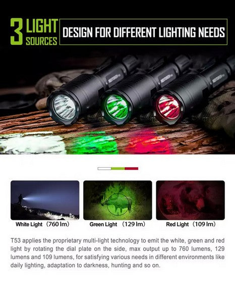 T53 SET - Lampe tactique lumière blanc, verte et rouge Kit chasse - 760 Lumens