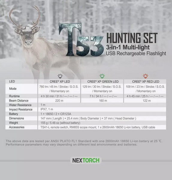 T53 SET - Lampe tactique lumière blanc, verte et rouge Kit chasse - 760 Lumens
