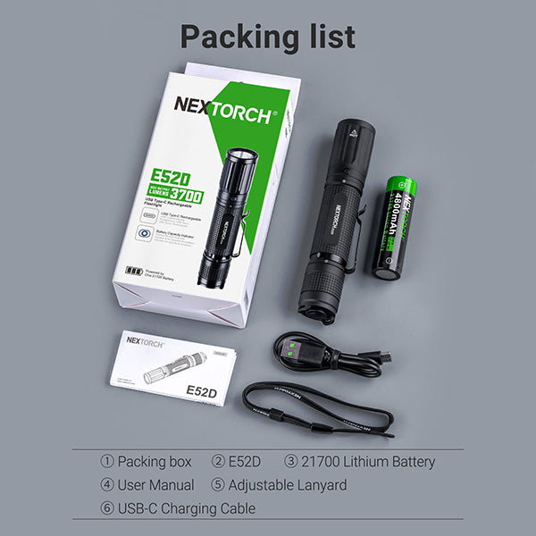 E52D - Lampe torche tactique 3700 Lumens - rechargeable USB-C