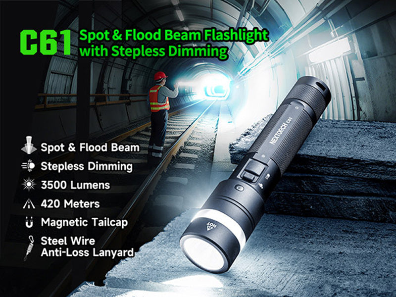 C61 - Lampe torche 3500 Lumens - Double Faisceau - Variation Continue - Rechargeable USB-C