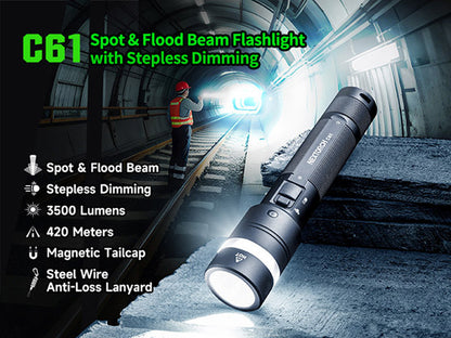 C61 - Lampe torche 3500 Lumens - Double Faisceau - Variation Continue - Rechargeable USB-C