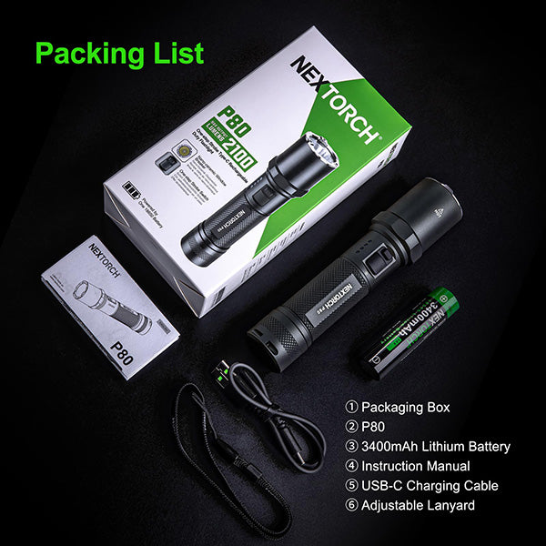 P80B - Lampe Torche 2100 Lumens rechargeable USB-C