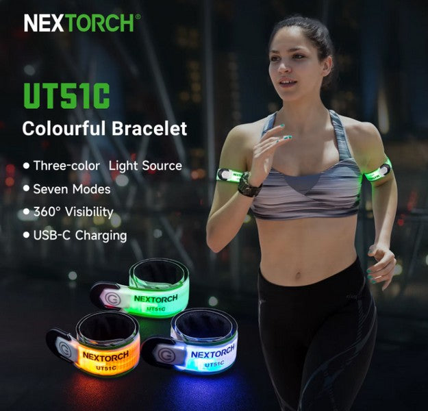 UT51C - Bracelet d'avertissement orange vert bleu clignotant - rechargeable USB-C