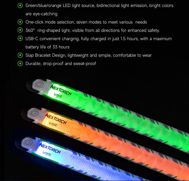 UT51C - Bracelet d'avertissement orange vert bleu clignotant - rechargeable USB-C