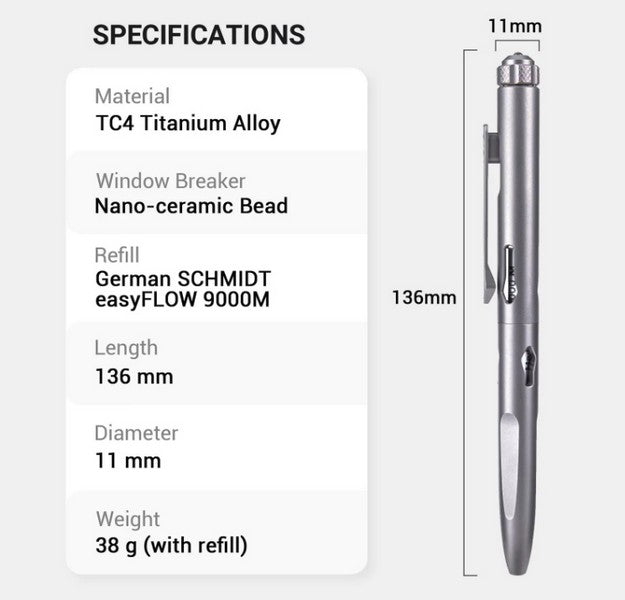 NP11 Ti - Stylo tactique de sécurité avec brise vitre - Titane