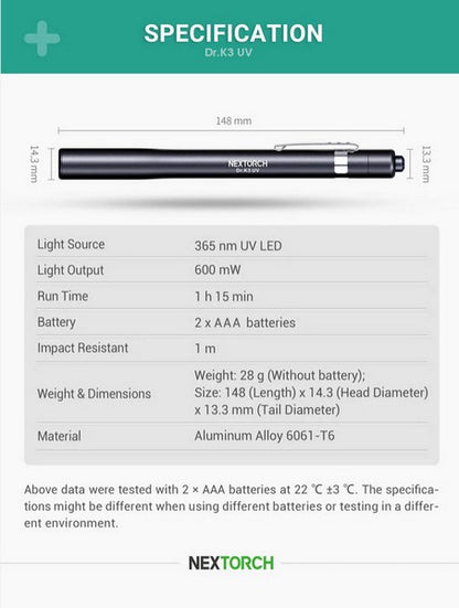 Dr.K3 UV - Lampe stylo médicale ultraviolet - 365 Nanomètres - 600mW