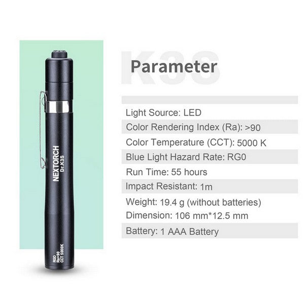Lampe Nextorch DR K3S - Stylo lampe médicale - Deux versions lumière blanche ou Jaune - CRI >=95 - 55h d'autonomie
