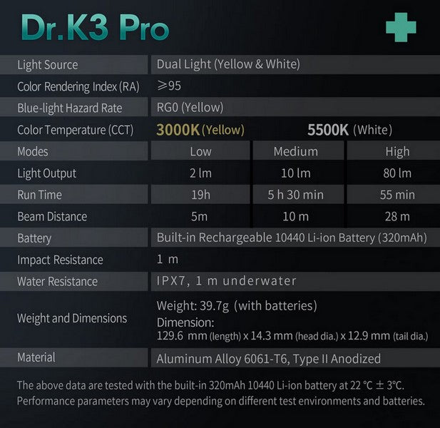 DR.K3 PRO - Lampe stylo médicale rechargeable - 80 Lumens blanc / jaune