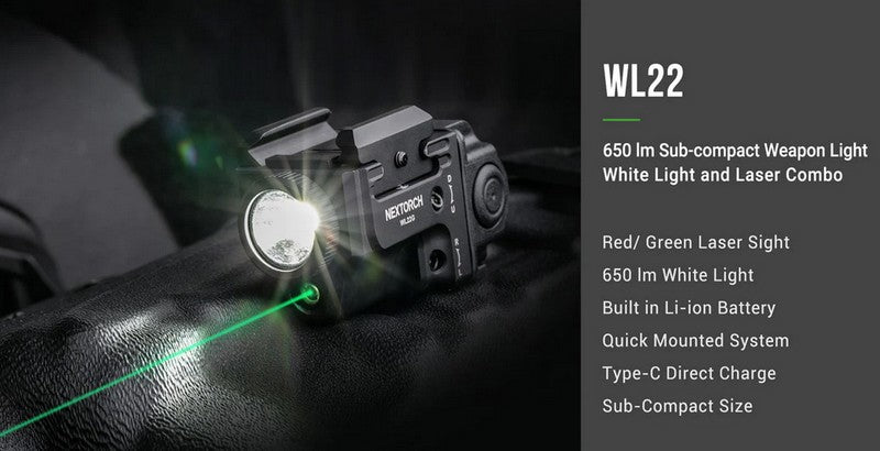 WL22G - Lampe pour arme de poing laser vert fixation rail - 650 Lumens