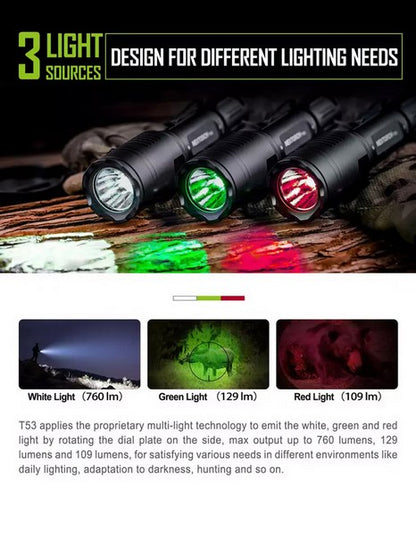 T53 SET - Lampe tactique lumière blanc, verte et rouge Kit chasse - 760 Lumens
