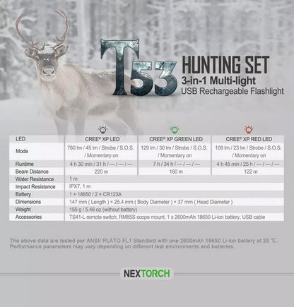 T53 SET - Lampe tactique lumière blanc, verte et rouge Kit chasse - 760 Lumens