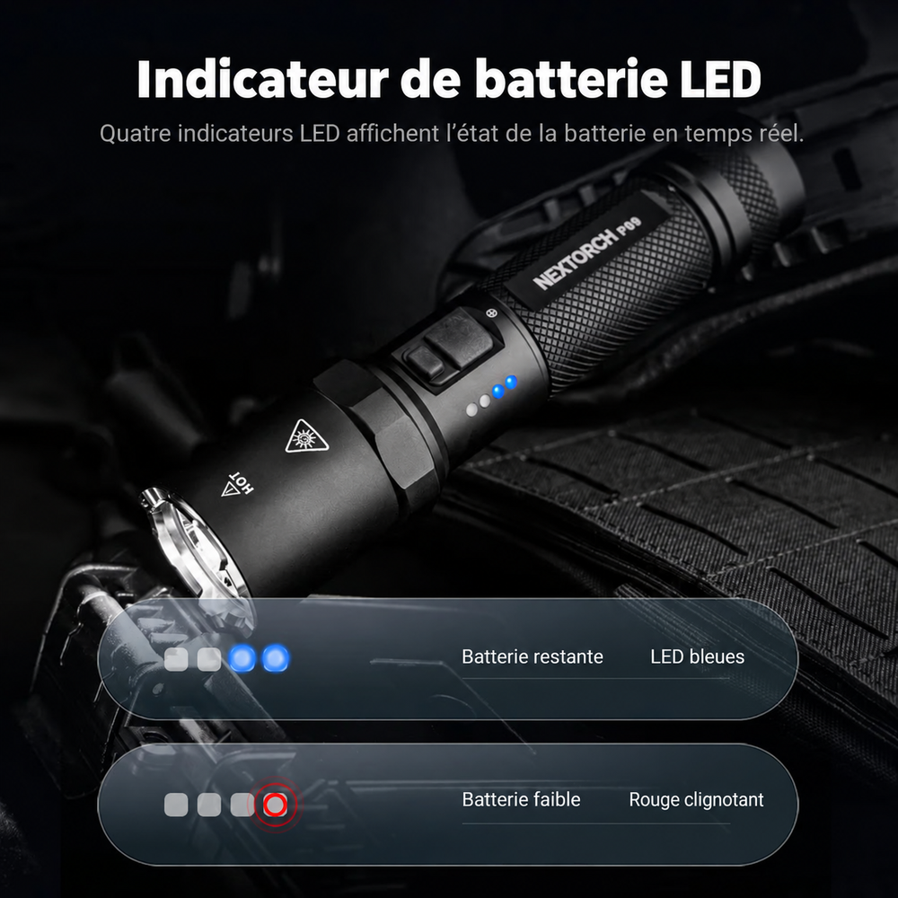 P09 - Lampe tactique 2000 lumens 4 sources blanc, UV, rouge et bleu