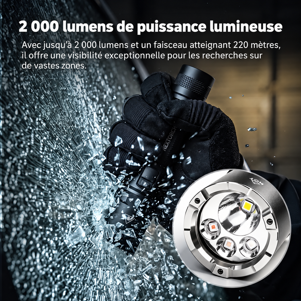 P09 - Lampe tactique 2000 lumens 4 sources blanc, UV, rouge et bleu