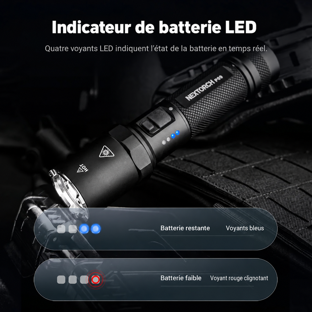 P09 - Lampe tactique 2000 lumens 4 sources blanc, UV, rouge et bleu